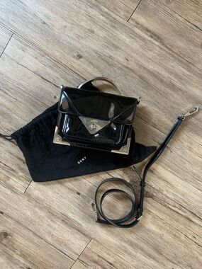 DKNY Black Patent Leather Mini Top-Handle Crossbody with Silver Hardware